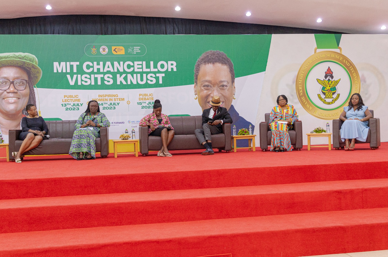 From left: Chancellor, MIT, Prof. Melissa Nobles; Vice-Chancellor, KNUST, Prof. Mrs. Rita Akosua Dickson, Vice President, SRC, Deborah Boakye, Multimedia journalist, Emmanuel Kwasi Debrah, President, WiSTEM, Prof. Mrs. Ibok Nsa Oduro and CEO, Vodafone Ghana, Ing. Patricia Obo-Nai.